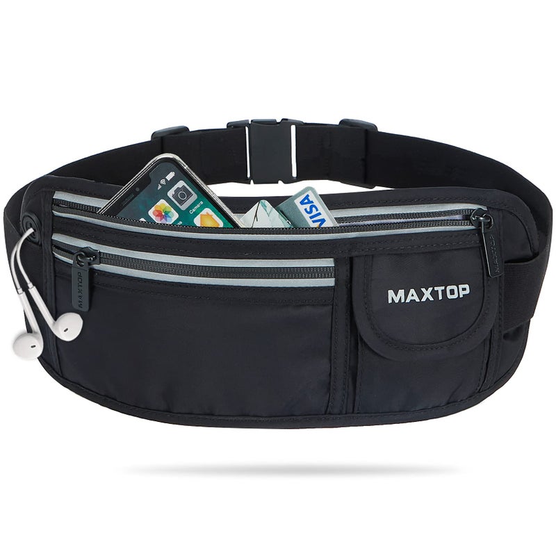 Maxtop Running Belts for Women Men Black Fanny Pack Bag for Workout Exercise Walking Hiking Waist Pouch Fits iPhone Cell Phone Holder for Running Travel Money Belt,Gym Gear for Runner - Image 1